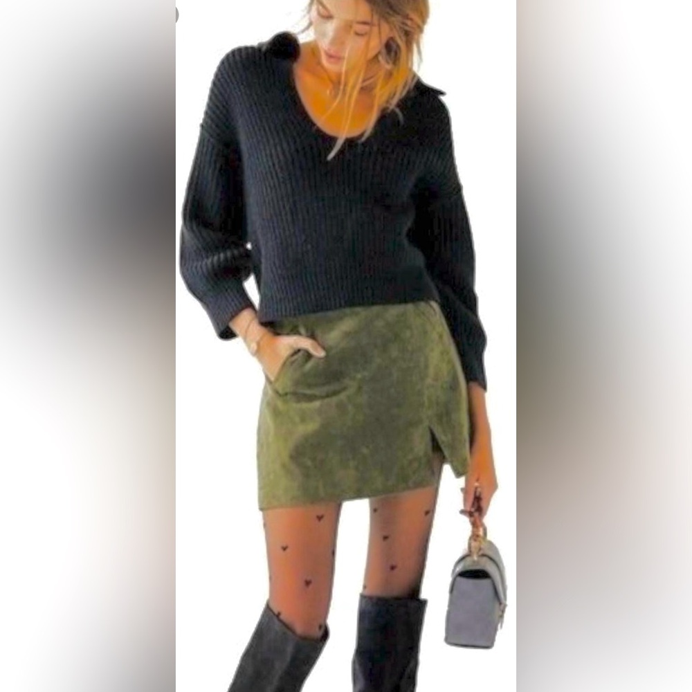 Genuine Suede Leather Olive Green Asymmetrical Wrap Mini Skirt Sz30